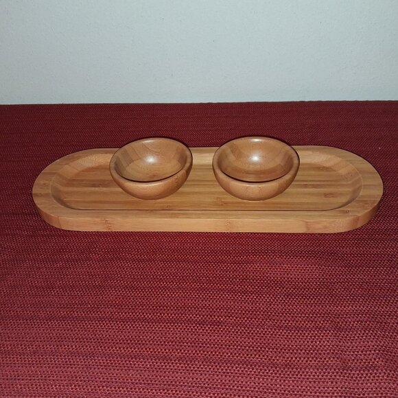 Pampered Chef Bamboo Cracker Snack Tray & 2 Wooden Dip Bowls - Picture 2 of 9